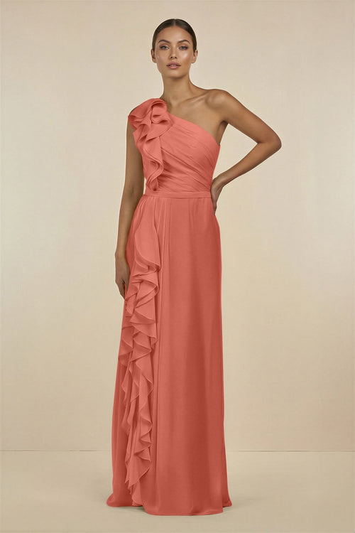 Ruffled One - Shoulder Pleated Sheath Bridesmaid Dress in Wild Rose - SHE IS ME Bridesmaid Dresses