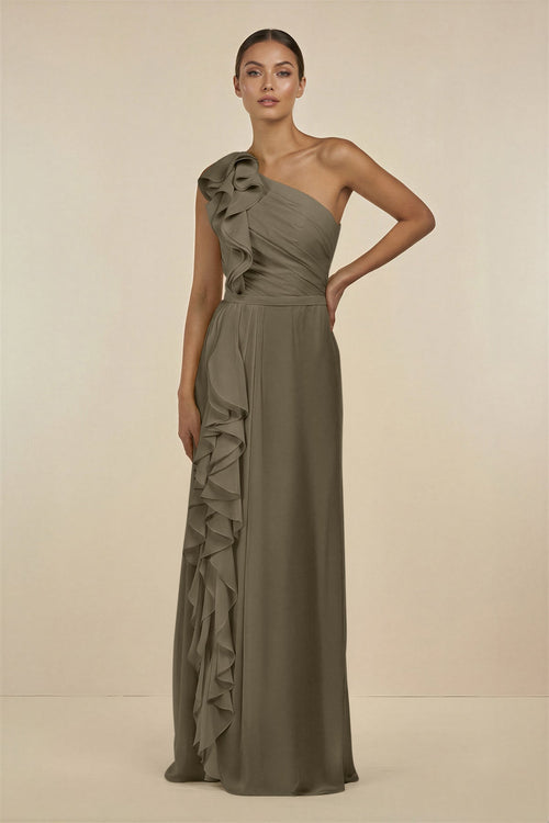 Ruffled One - Shoulder Pleated Sheath Bridesmaid Dress in Willow Green - SHE IS ME Bridesmaid Dresses