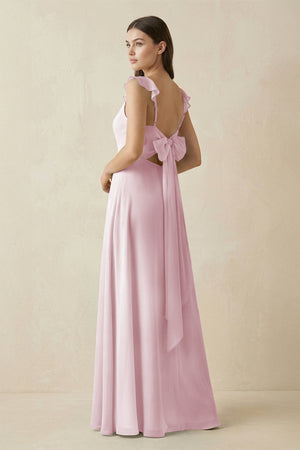 Ruffled Sleeve A - Line Chiffon Bridesmaid Dress in Candy Pink - SHE IS ME Bridesmaid Dresses