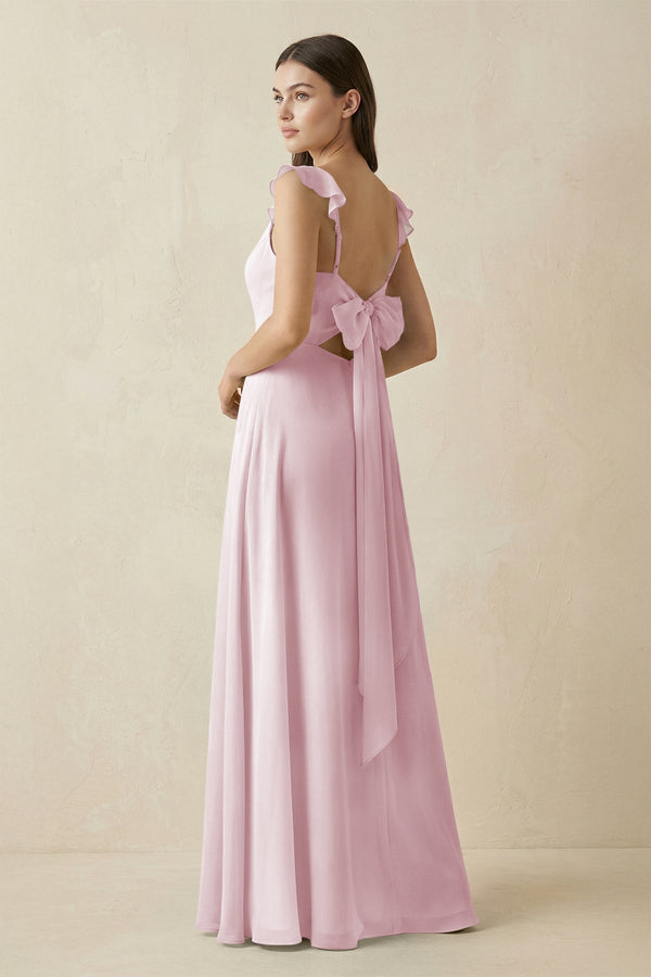 Ruffled Sleeve A - Line Chiffon Bridesmaid Dress in Candy Pink - SHE IS ME Bridesmaid Dresses