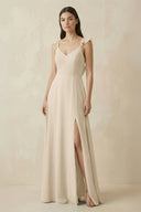 Ruffled Sleeve A - Line Chiffon Bridesmaid Dress in Champagne - SHE IS ME Bridesmaid Dresses