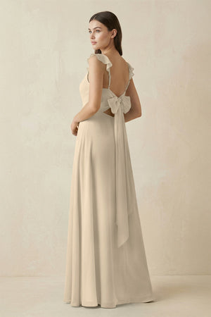 Ruffled Sleeve A - Line Chiffon Bridesmaid Dress in Champagne - SHE IS ME Bridesmaid Dresses