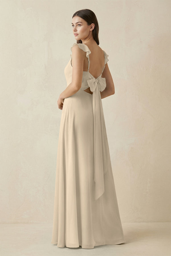 Ruffled Sleeve A - Line Chiffon Bridesmaid Dress in Champagne - SHE IS ME Bridesmaid Dresses