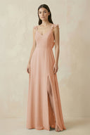 Ruffled Sleeve A - Line Chiffon Bridesmaid Dress in Champagne Rose - SHE IS ME Bridesmaid Dresses
