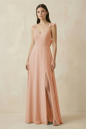 Ruffled Sleeve A - Line Chiffon Bridesmaid Dress in Champagne Rose - SHE IS ME Bridesmaid Dresses