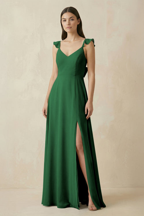 Ruffled Sleeve A - Line Chiffon Bridesmaid Dress in Dark Green - SHE IS ME Bridesmaid Dresses