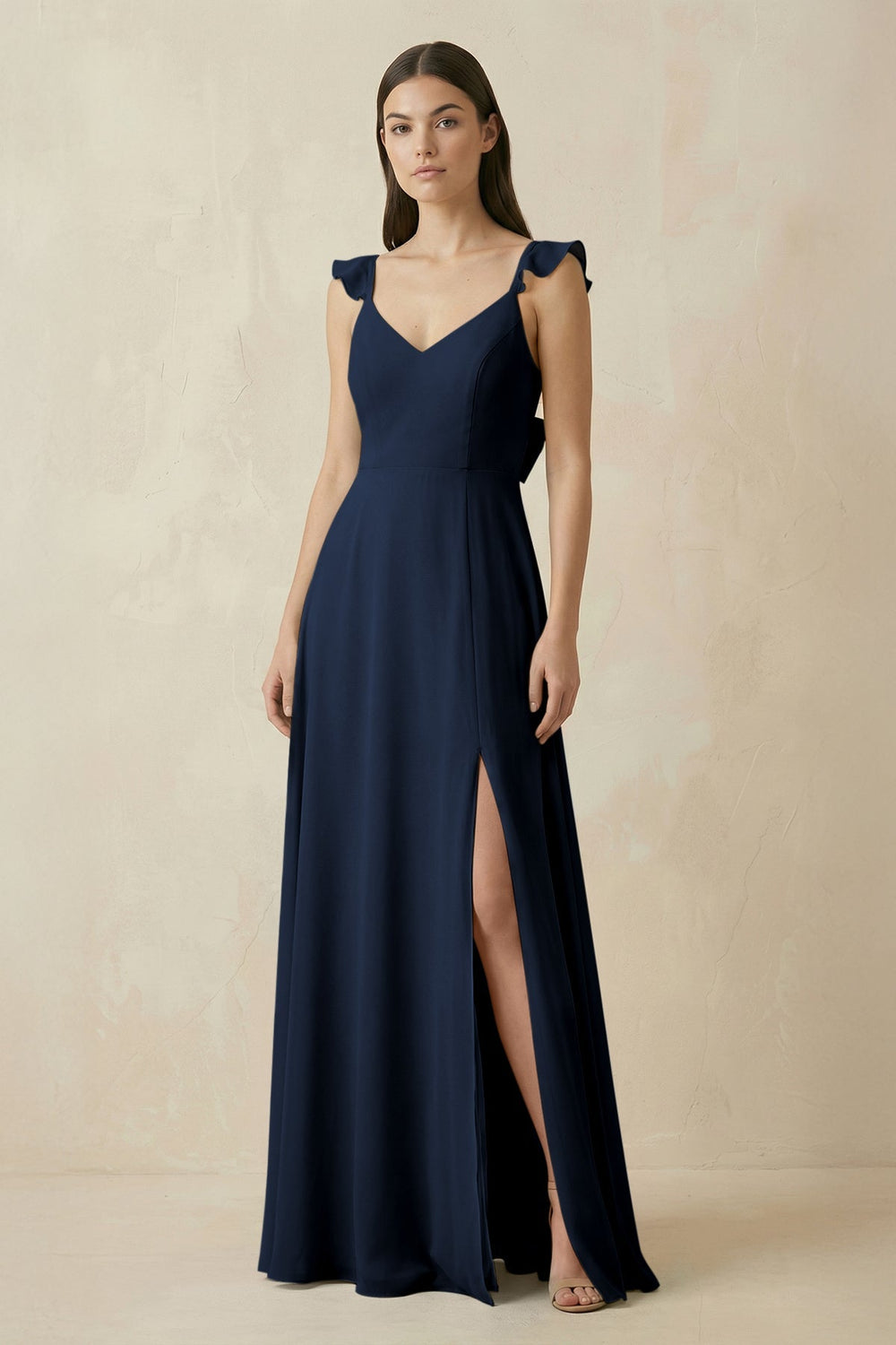 Ruffled Sleeve A - Line Chiffon Bridesmaid Dress in Dark Navy - SHE IS ME Bridesmaid Dresses