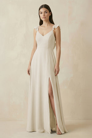 Ruffled Sleeve A - Line Chiffon Bridesmaid Dress in Dove Gray - SHE IS ME Bridesmaid Dresses