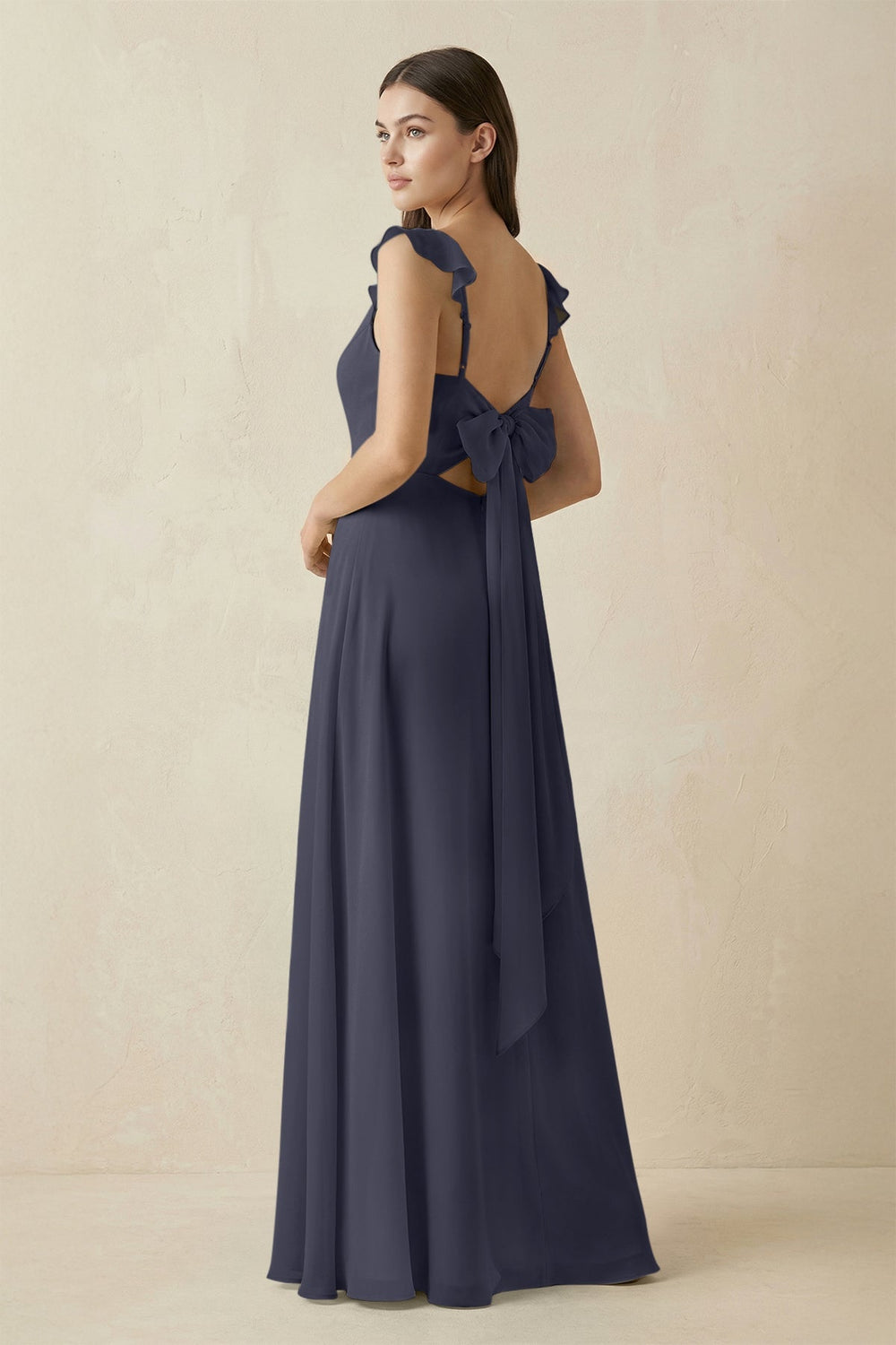 Ruffled Sleeve A - Line Chiffon Bridesmaid Dress in Dusk Blue - SHE IS ME Bridesmaid Dresses