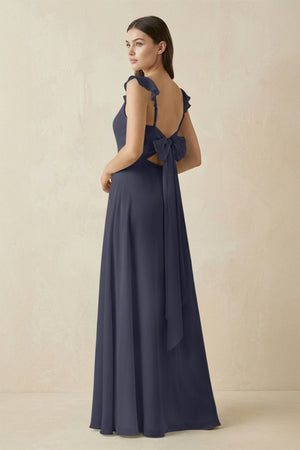 Ruffled Sleeve A - Line Chiffon Bridesmaid Dress in Dusk Blue - SHE IS ME Bridesmaid Dresses