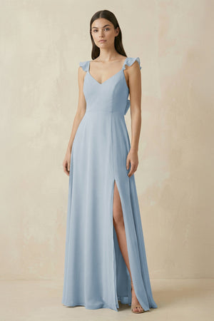 Ruffled Sleeve A - Line Chiffon Bridesmaid Dress in Dusty Blue - SHE IS ME Bridesmaid Dresses