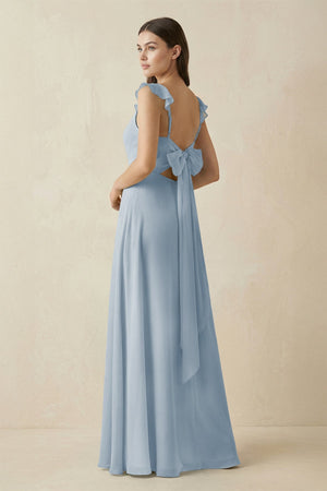 Ruffled Sleeve A - Line Chiffon Bridesmaid Dress in Dusty Blue - SHE IS ME Bridesmaid Dresses