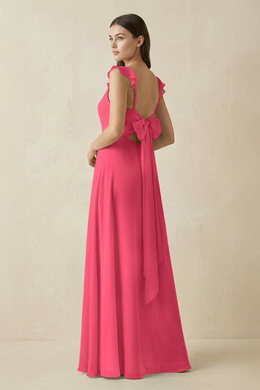 Ruffled Sleeve A - Line Chiffon Bridesmaid Dress in Fuchsia - SHE IS ME Bridesmaid Dresses