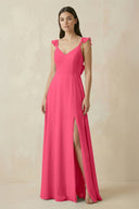 Ruffled Sleeve A - Line Chiffon Bridesmaid Dress in Fuchsia - SHE IS ME Bridesmaid Dresses