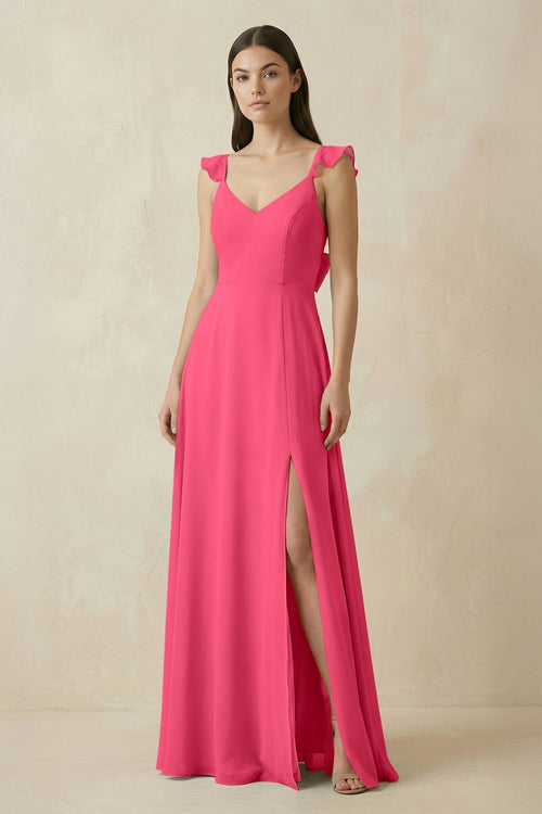 Ruffled Sleeve A - Line Chiffon Bridesmaid Dress in Fuchsia - SHE IS ME Bridesmaid Dresses