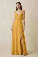 Ruffled Sleeve A - Line Chiffon Bridesmaid Dress in Marigold - SHE IS ME Bridesmaid Dresses