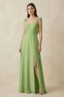 Ruffled Sleeve A - Line Chiffon Bridesmaid Dress in Matcha - SHE IS ME Bridesmaid Dresses