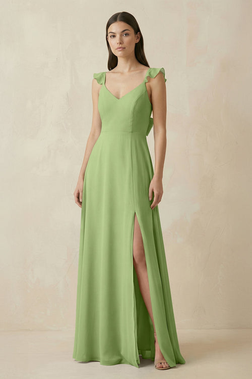 Ruffled Sleeve A - Line Chiffon Bridesmaid Dress in Matcha - SHE IS ME Bridesmaid Dresses