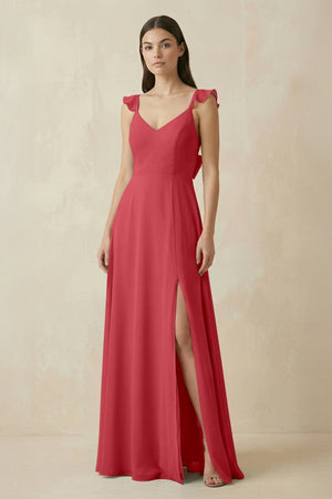 Ruffled Sleeve A - Line Chiffon Bridesmaid Dress in Merlot - SHE IS ME Bridesmaid Dresses