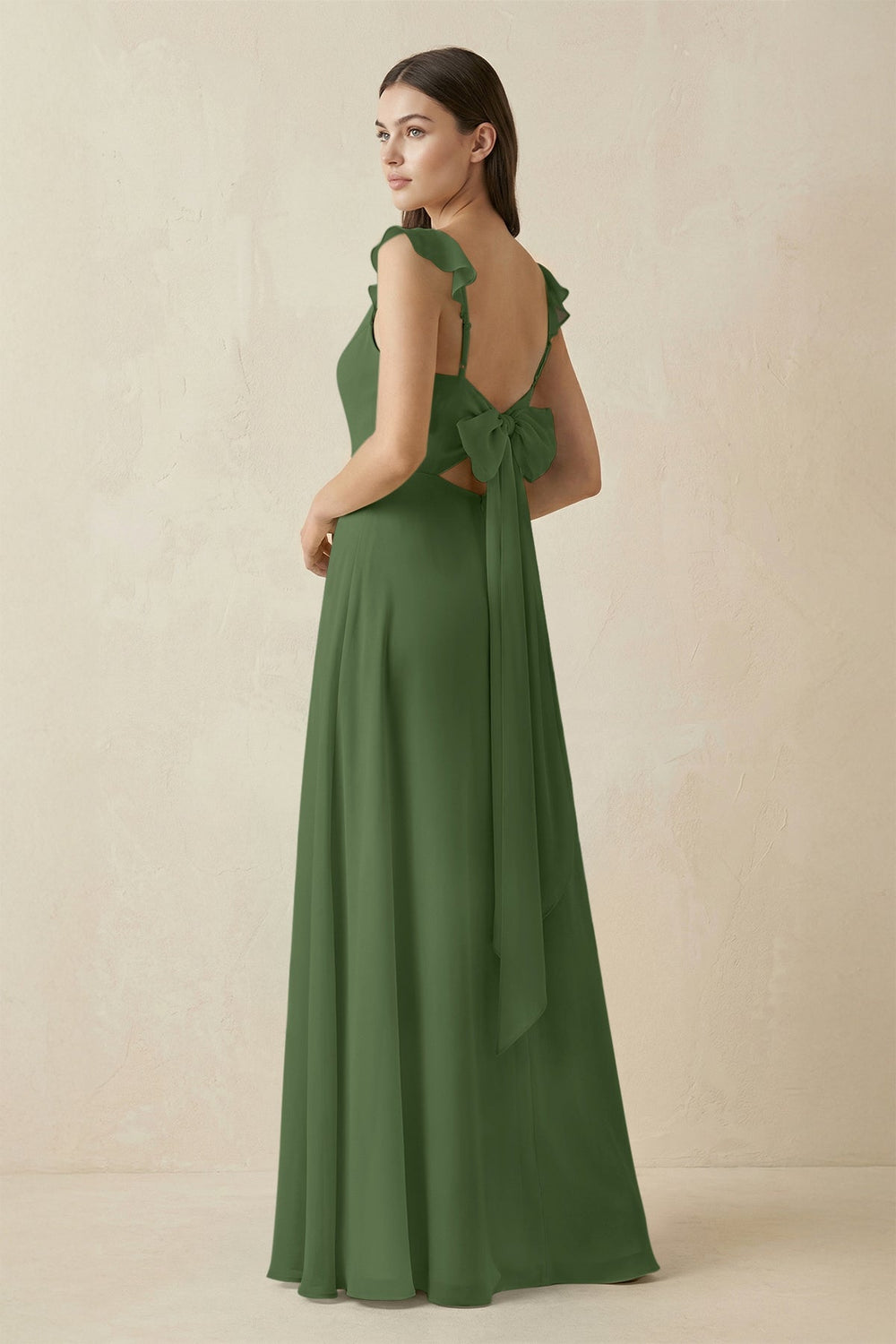 Ruffled Sleeve A - Line Chiffon Bridesmaid Dress in Moss - SHE IS ME Bridesmaid Dresses