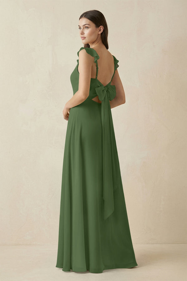 Ruffled Sleeve A - Line Chiffon Bridesmaid Dress in Moss - SHE IS ME Bridesmaid Dresses
