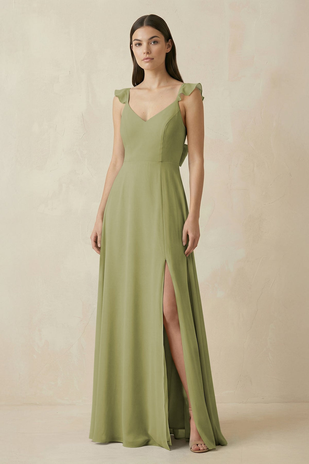 Ruffled Sleeve A - Line Chiffon Bridesmaid Dress in Moss Green - SHE IS ME Bridesmaid Dresses