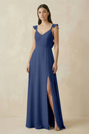Ruffled Sleeve A - Line Chiffon Bridesmaid Dress in Navy - SHE IS ME Bridesmaid Dresses