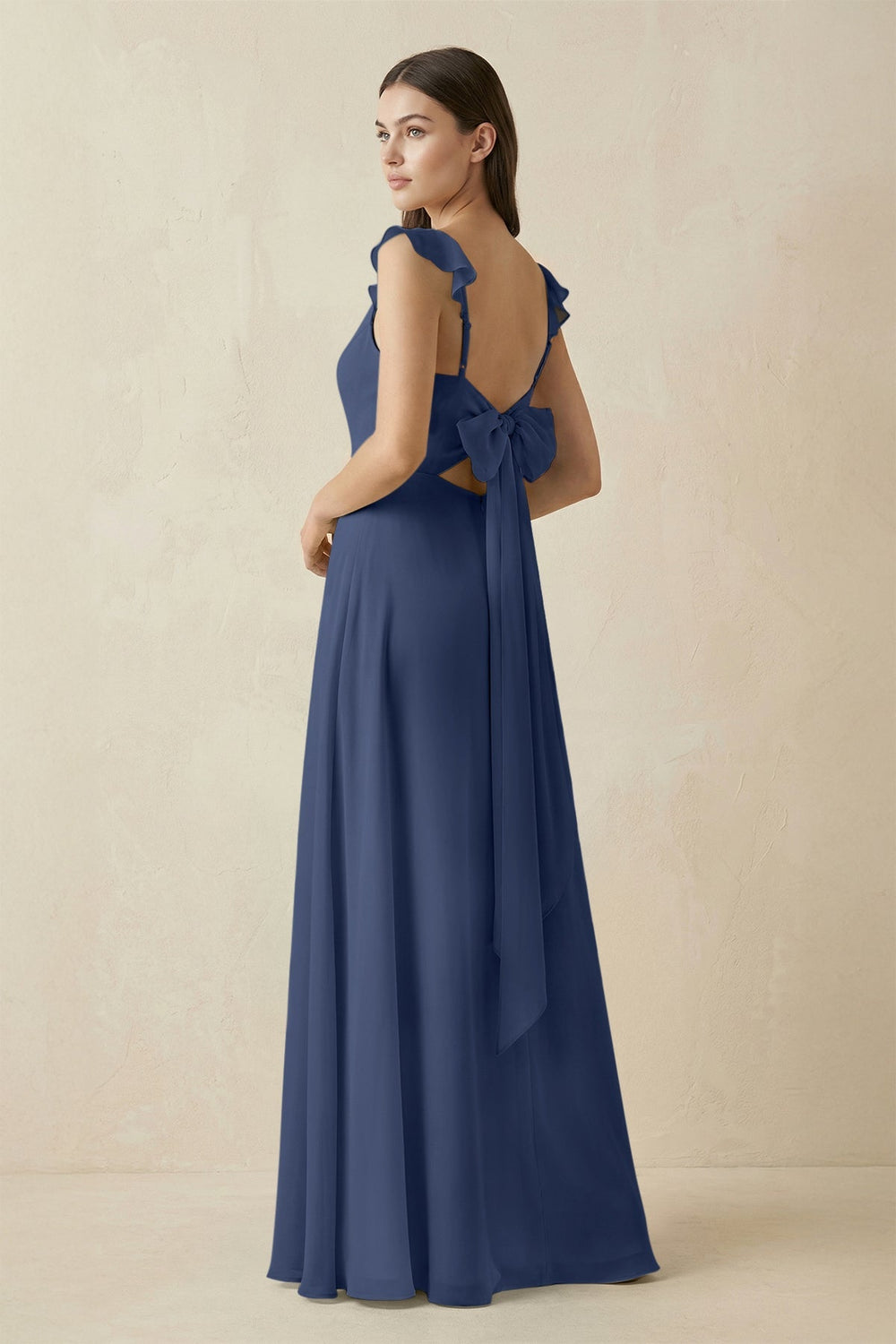 Ruffled Sleeve A - Line Chiffon Bridesmaid Dress in Navy - SHE IS ME Bridesmaid Dresses
