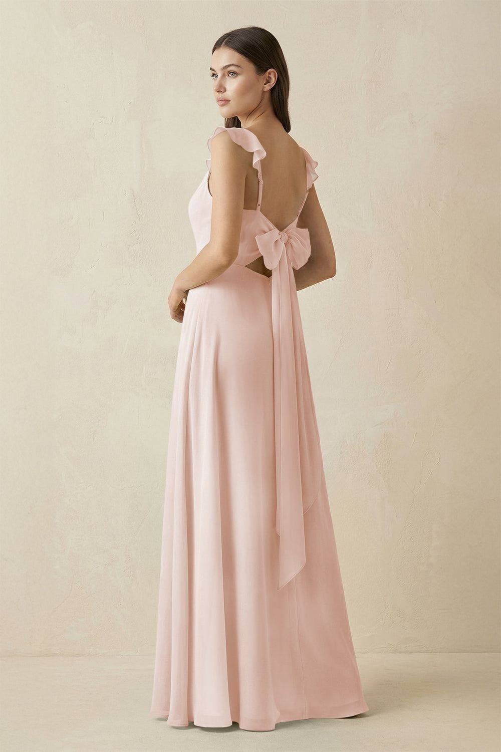 Ruffled Sleeve A - Line Chiffon Bridesmaid Dress in Pale Blush - SHE IS ME Bridesmaid Dresses