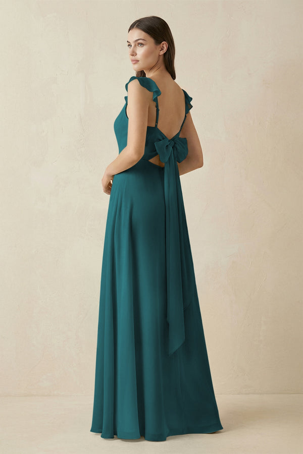 Ruffled Sleeve A - Line Chiffon Bridesmaid Dress in Pine - SHE IS ME Bridesmaid Dresses