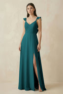 Ruffled Sleeve A - Line Chiffon Bridesmaid Dress in Pine - SHE IS ME Bridesmaid Dresses