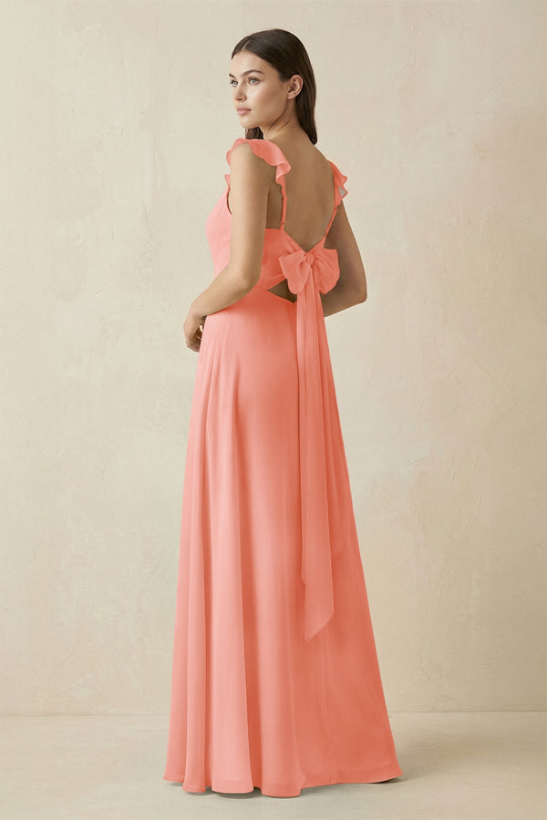 Ruffled Sleeve A - Line Chiffon Bridesmaid Dress in Rosette - SHE IS ME Bridesmaid Dresses