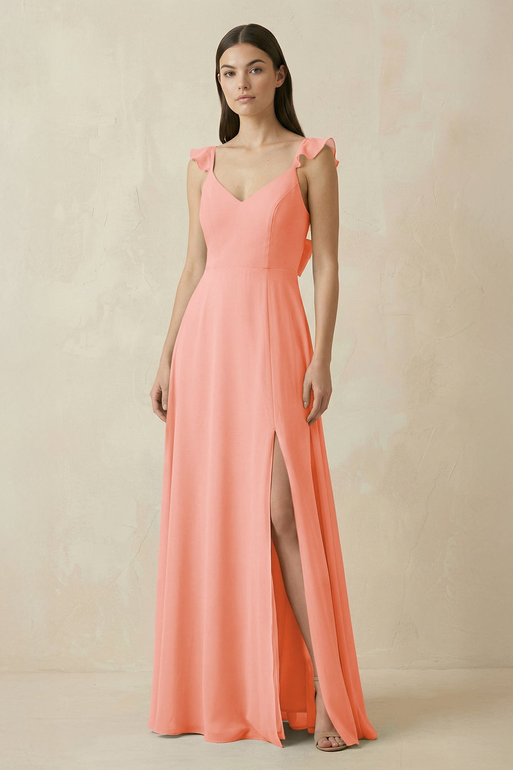 Ruffled Sleeve A - Line Chiffon Bridesmaid Dress in Rosette - SHE IS ME Bridesmaid Dresses