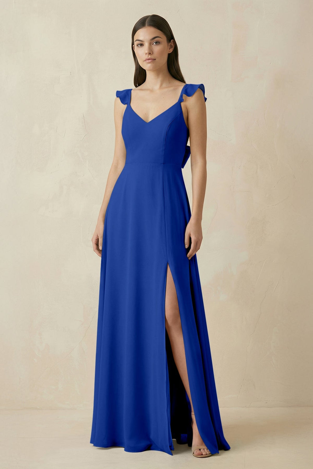 Ruffled Sleeve A - Line Chiffon Bridesmaid Dress in Royal Blue - SHE IS ME Bridesmaid Dresses
