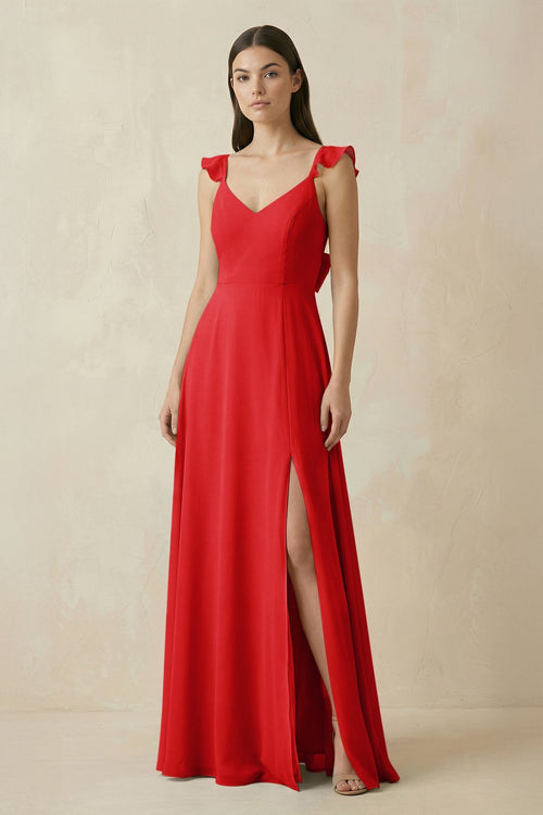 Ruffled Sleeve A - Line Chiffon Bridesmaid Dress in Ruby Red - SHE IS ME Bridesmaid Dresses