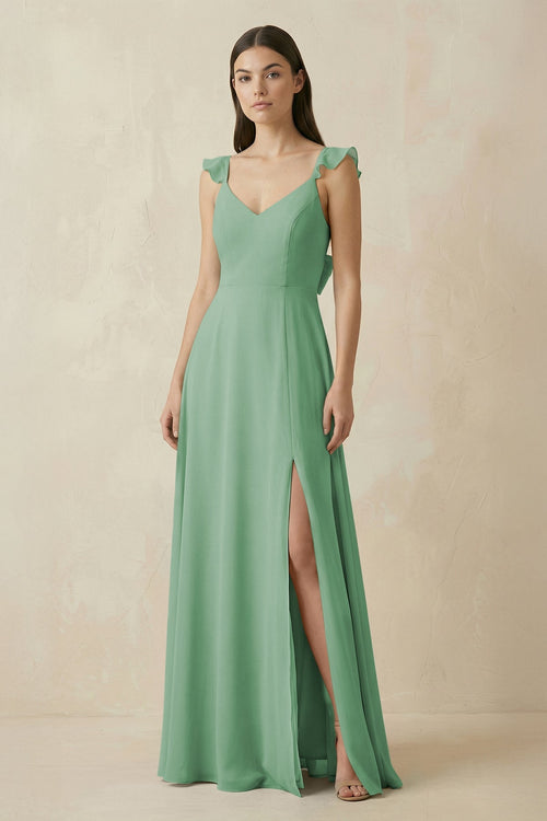 Ruffled Sleeve A - Line Chiffon Bridesmaid Dress in Sea Glass - SHE IS ME Bridesmaid Dresses