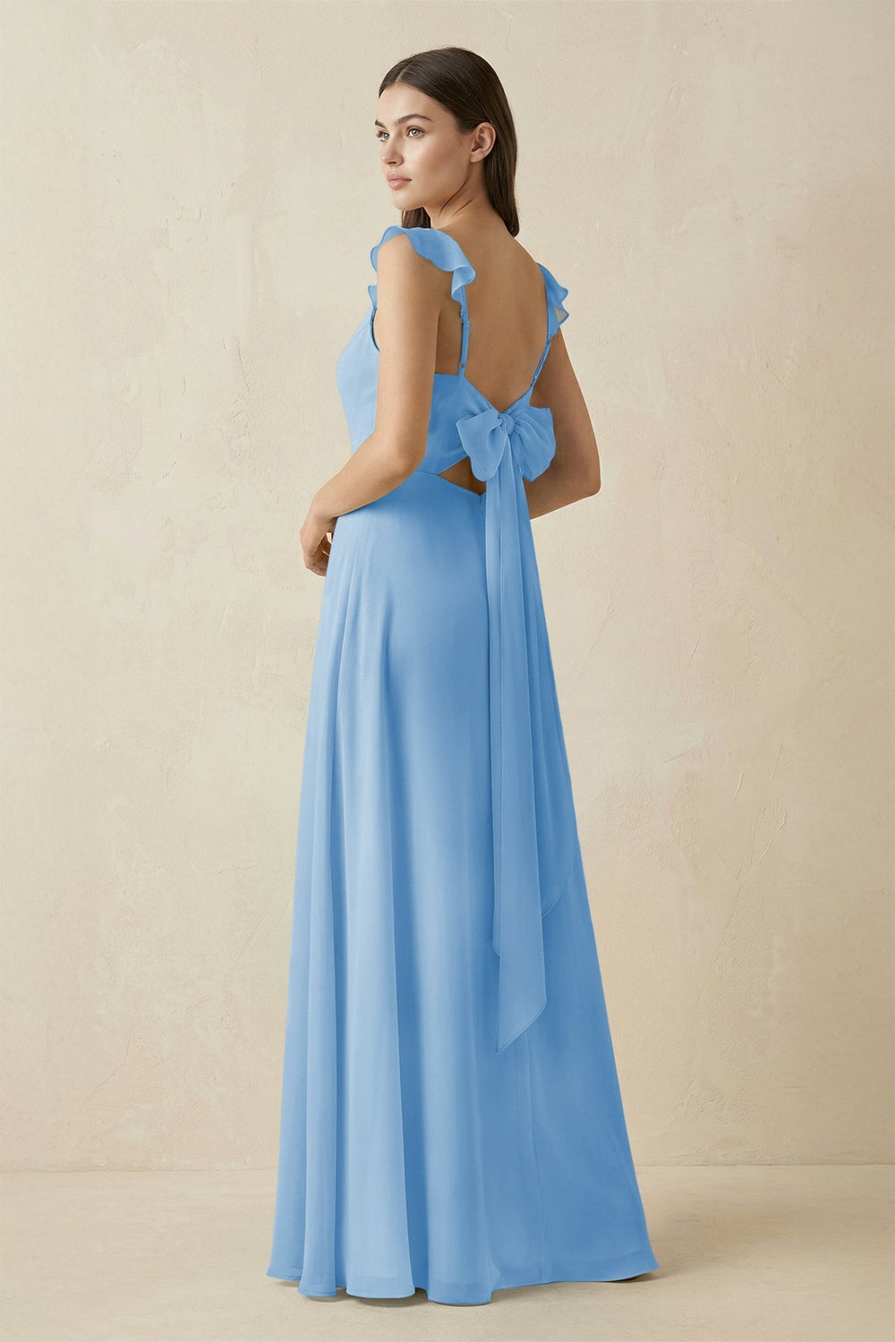 Ruffled Sleeve A - Line Chiffon Bridesmaid Dress in Steel Blue - SHE IS ME Bridesmaid Dresses