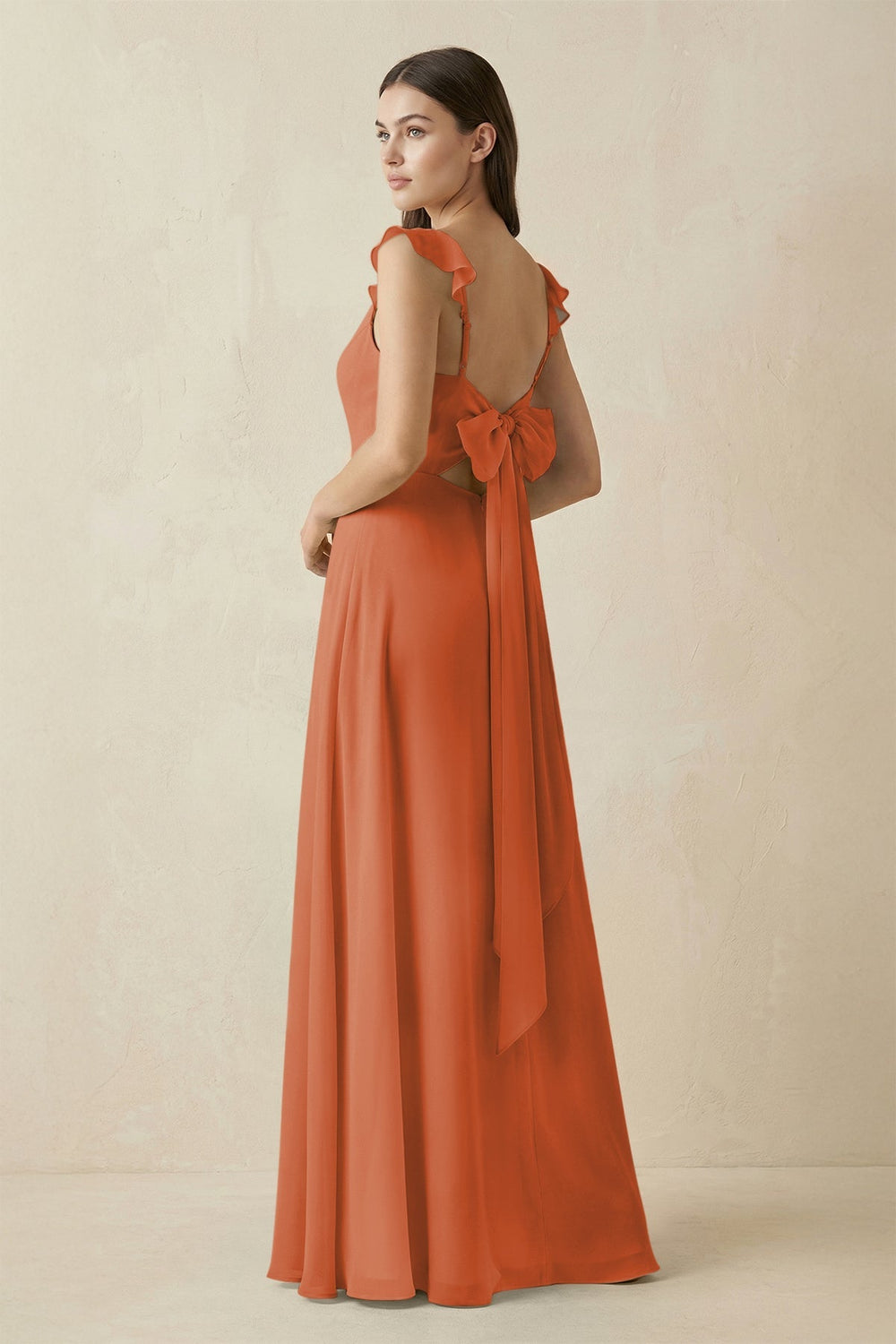 Ruffled Sleeve A - Line Chiffon Bridesmaid Dress in Terracotta - SHE IS ME Bridesmaid Dresses