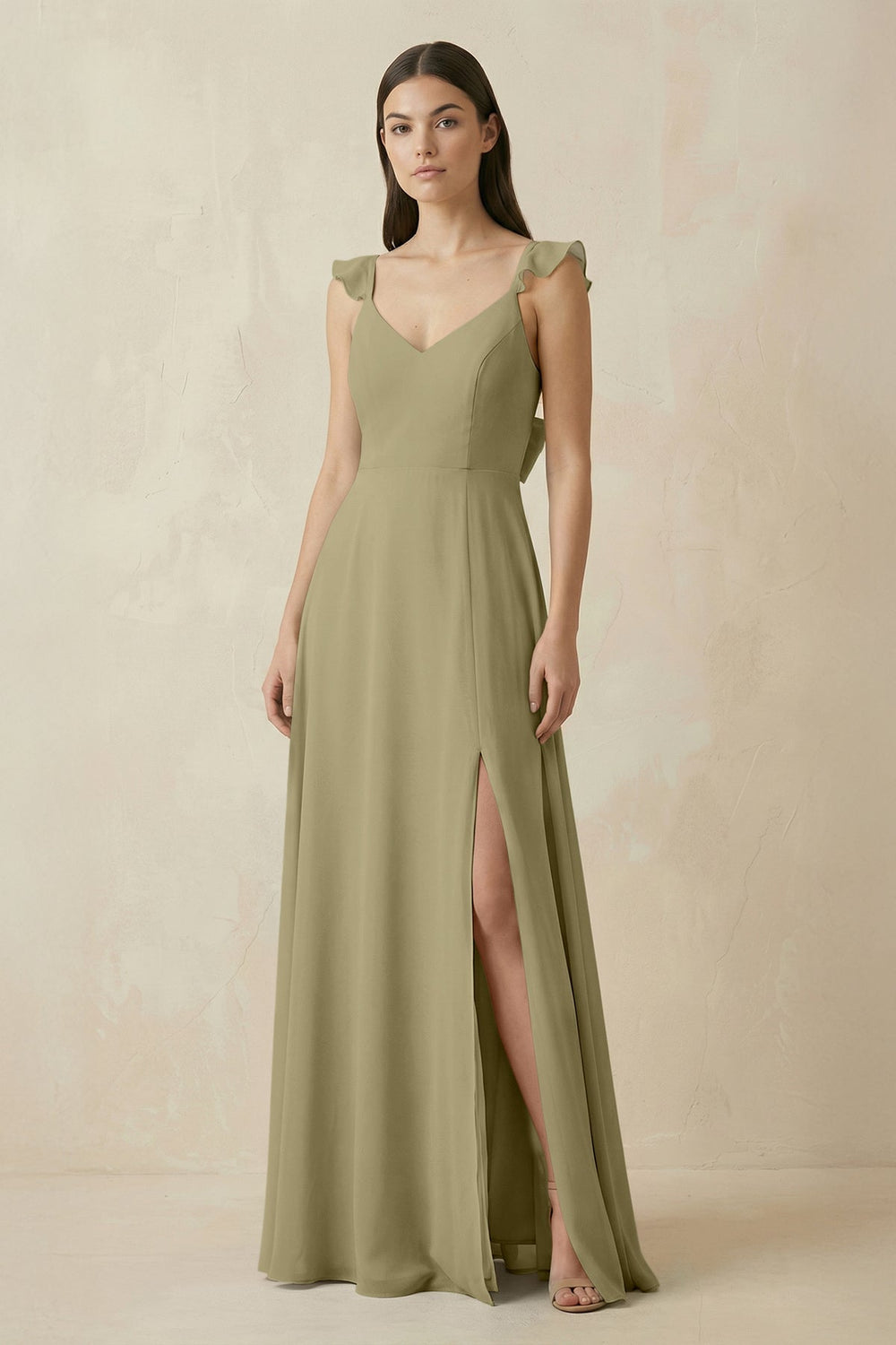 Ruffled Sleeve A - Line Chiffon Bridesmaid Dress in Thyme - SHE IS ME Bridesmaid Dresses