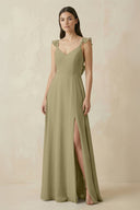 Ruffled Sleeve A - Line Chiffon Bridesmaid Dress in Thyme - SHE IS ME Bridesmaid Dresses