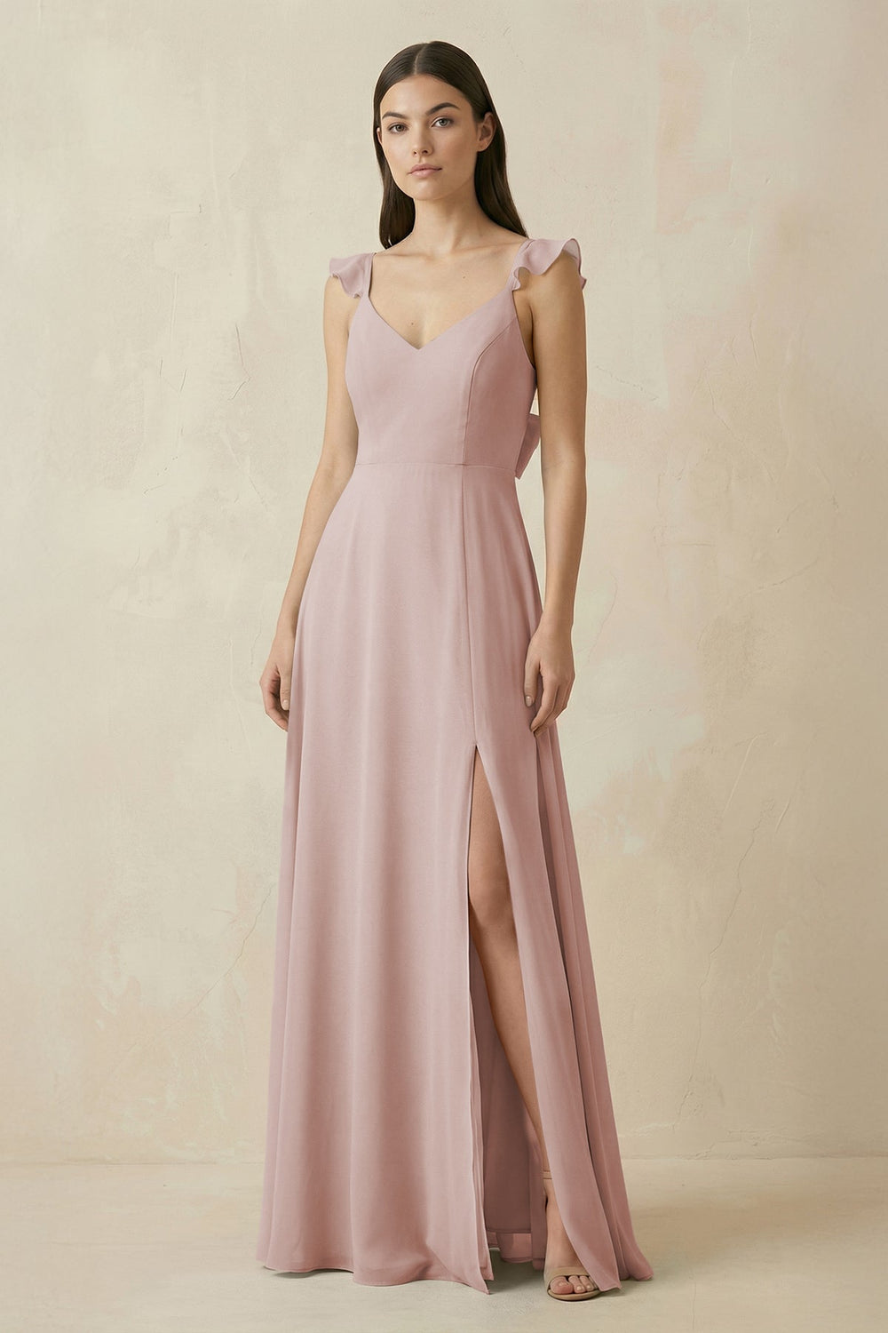 Ruffled Sleeve A - Line Chiffon Bridesmaid Dress in Toffee - SHE IS ME Bridesmaid Dresses