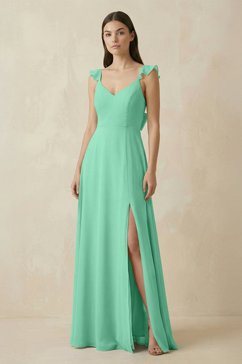 Ruffled Sleeve A - Line Chiffon Bridesmaid Dress in Turquoise - SHE IS ME Bridesmaid Dresses