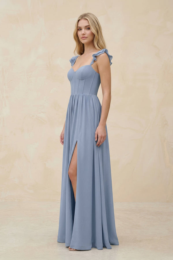 Ruffled Sleeve A - Line Corset Chiffon Bridesmaid Dress in Twilight - SHE IS ME Bridesmaid Dresses