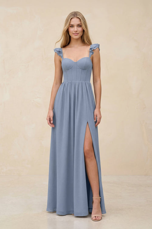 Ruffled Sleeve A - Line Corset Chiffon Bridesmaid Dress in Twilight - SHE IS ME Bridesmaid Dresses