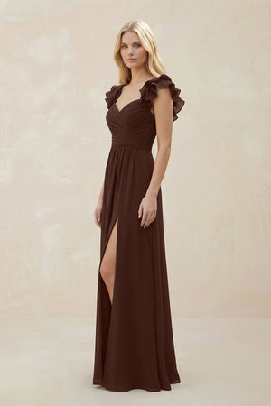 Ruffled Sleeves A - Line Chiffon Sweetheart Bridesmaid Dress in Espresso - SHE IS ME Bridesmaid Dresses