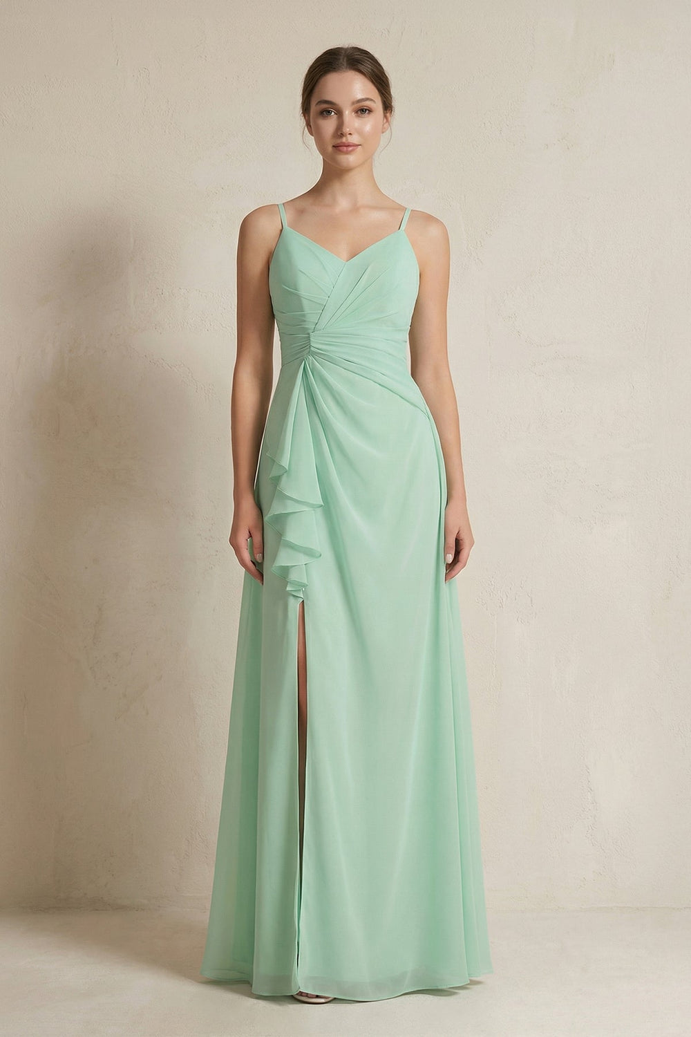 A-Line Ruffled Spaghetti Strap Chiffon Bridesmaid Dress in Pale Pistachio - SHE IS ME BRIDESMAID DRESSES