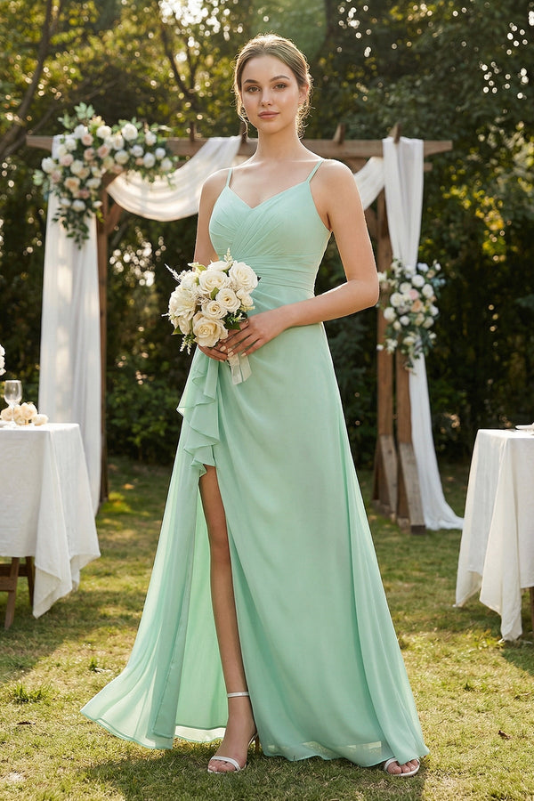 A-Line Ruffled Spaghetti Strap Chiffon Bridesmaid Dress in Pale Pistachio - SHE IS ME BRIDESMAID DRESSES