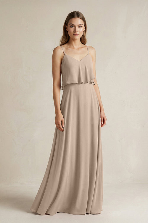 Ruffled Spaghetti Strap A - Line Chiffon Bridesmaid Dress in Almond - SHE IS ME Bridesmaid Dresses
