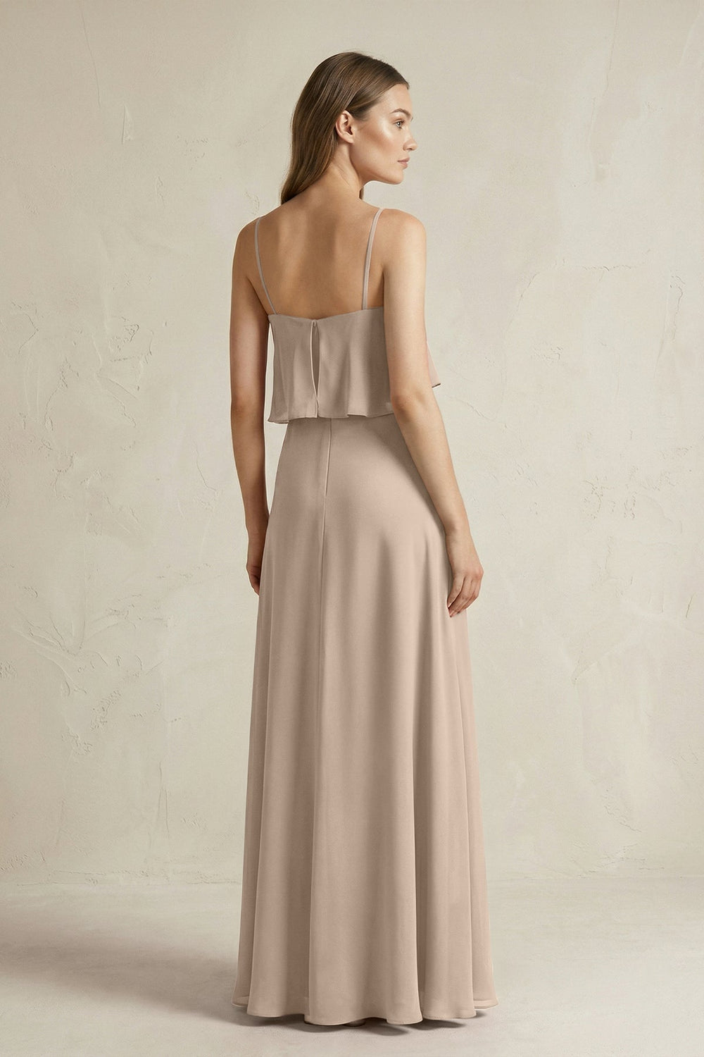 Ruffled Spaghetti Strap A - Line Chiffon Bridesmaid Dress in Almond - SHE IS ME Bridesmaid Dresses