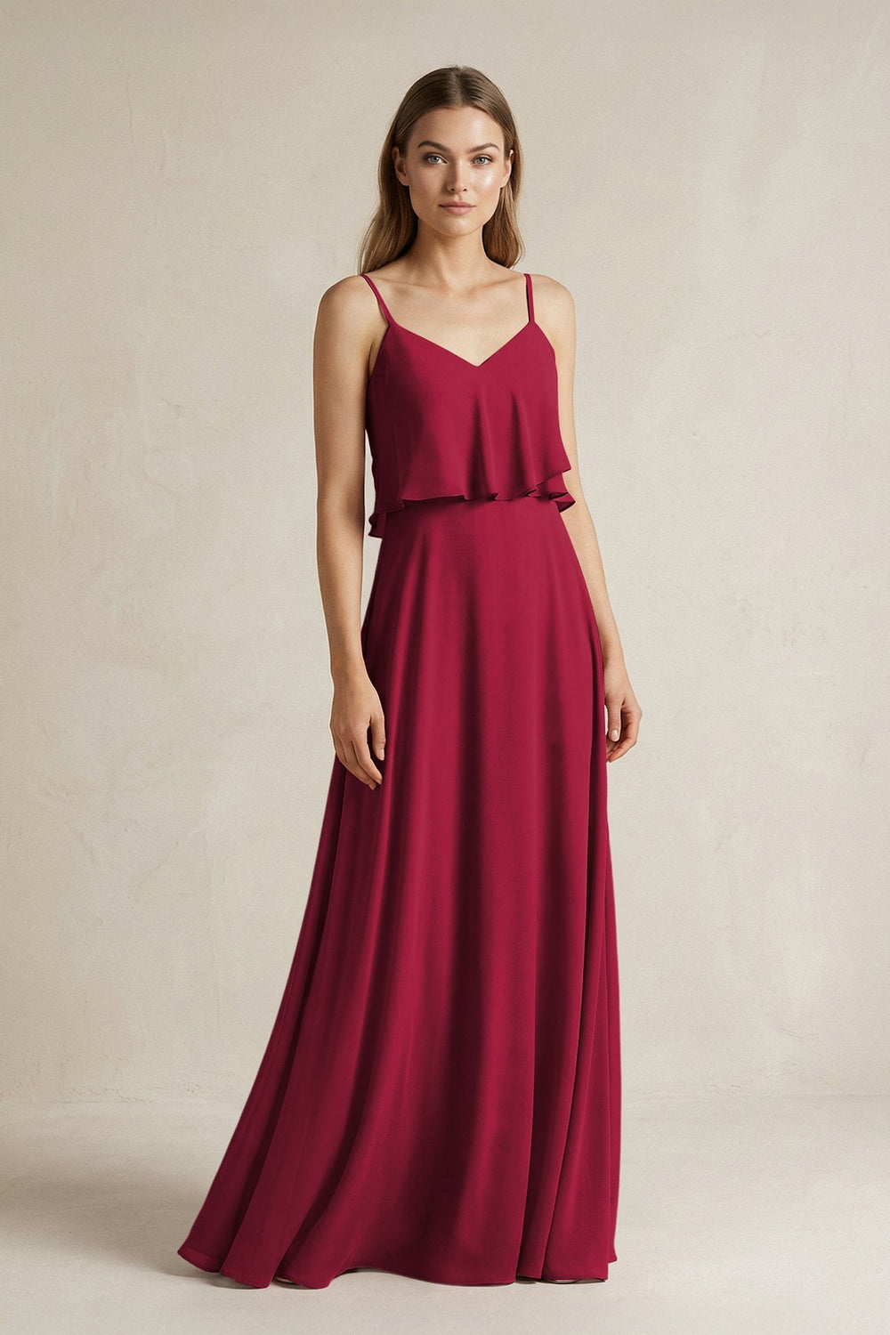 Ruffled Spaghetti Strap A - Line Chiffon Bridesmaid Dress in Berry - SHE IS ME Bridesmaid Dresses
